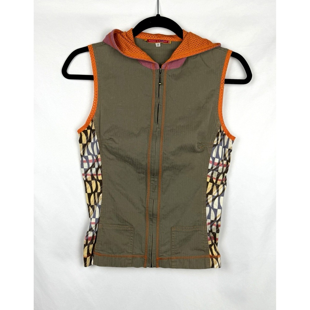 VTG Anna Kaszer French Designer Y2K Hooded Vest Top Womens Small Retro Geometric